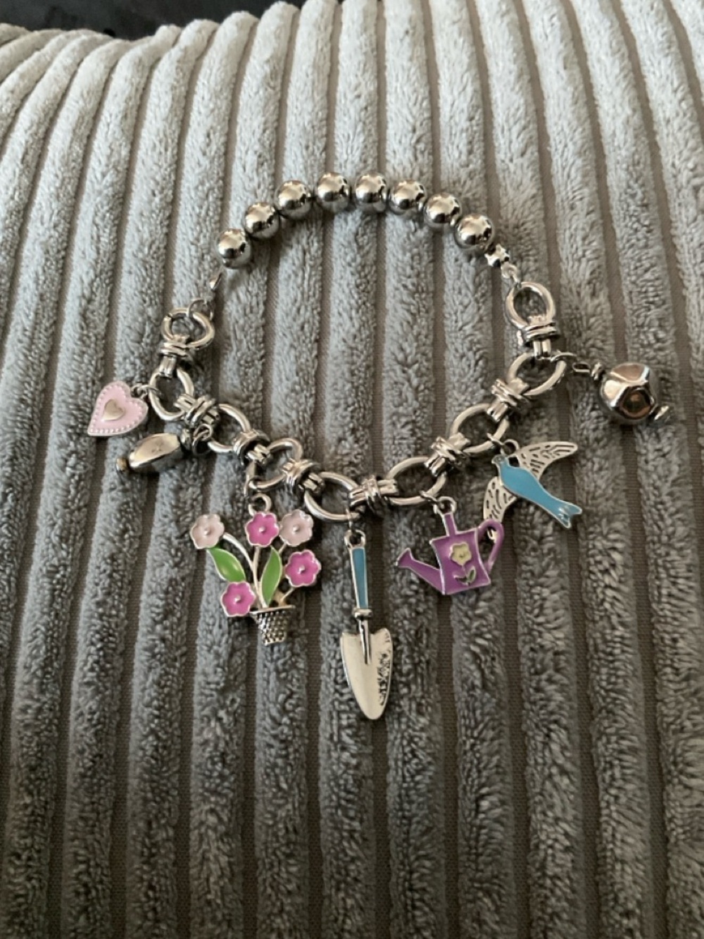 Silver Tone Garden Charm Bracelet with Pink and Blue Enamel Accents